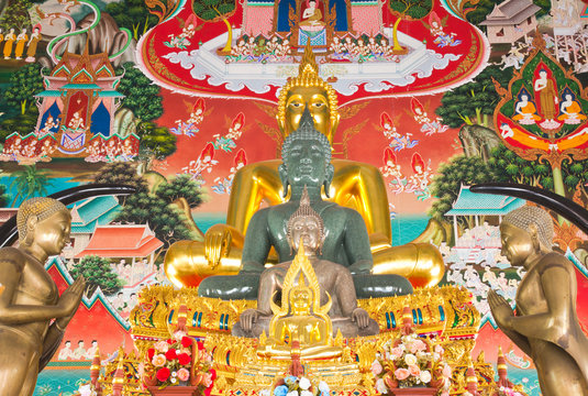 Row of Lord Buddha on traditional thai style painting background