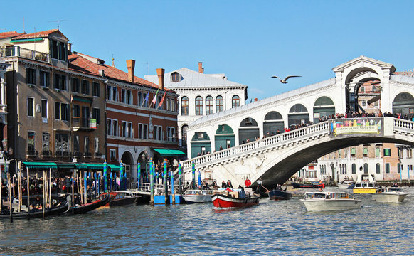 Great Canal with Rialto bridge . Venice