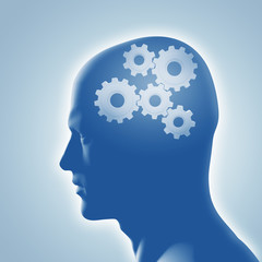 Silhouette des Kopfes mit Zahnräder im Gehirn