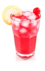 cherry cocktail with ice and lemon in glass