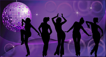 Five dancing women silhouettes on disco background