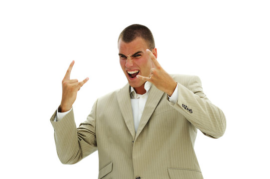 Scary emotion of stressed manager in gray suit