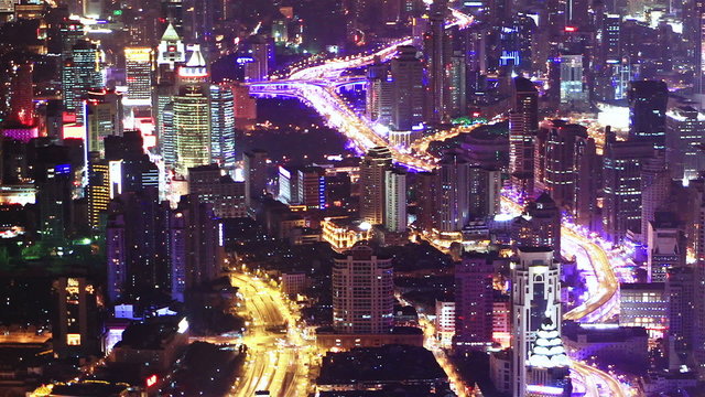 shanghai city traffic at night. time lapse