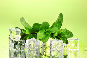 Fresh mint leaf and ice cubes with droplets on green background