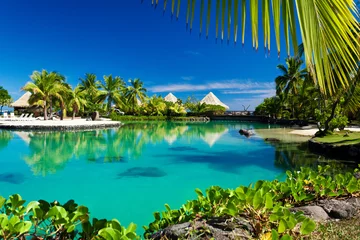 Printed kitchen splashbacks Bora Bora, French Polynesia Tropical resort with a green lagoon and palm trees