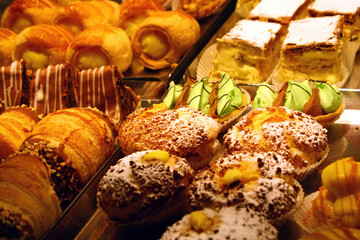pastries and cakes with briosches vanilla cream and chocolate