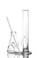 Three empty laboratory glassware with reflection isolated