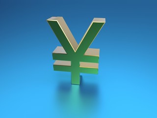 golden yen symbol on blue background