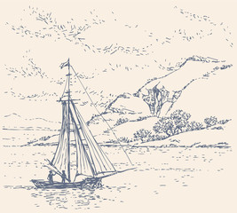 Vector landscape. Boat near the coast