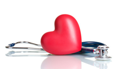 Medical stethoscope and heart isolated on white