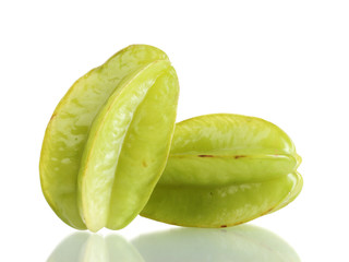 two fresh carambola fruits isolated on white