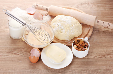 Ingredients for the dough wooden table