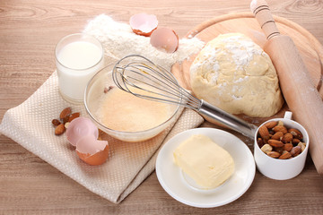 Ingredients for the dough wooden table