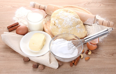 Ingredients for the dough wooden table