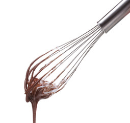Metal whisk for whipping eggs with chocolate cream isolated