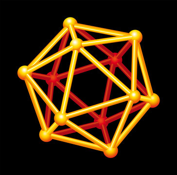 Icosahedron gold colored, three-dimensional shape. Platonic Solid in geometry, polyhedron with twenty triangular faces, thirty edges and twelve vertices. Illustration on black background. Vector.
