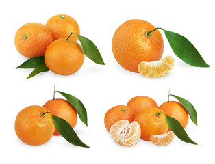 Set of ripe tangerines with leaves and slices