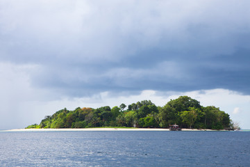 landscape of tropical island beach with perfect sky .