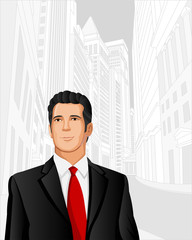 Man wearing suit with city on the background