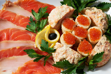 Dish with fish eggs and fish meat