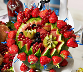 Dish with watermelon and strawberry