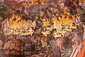 Masterpiece Ramayana painting in temple in Thailand