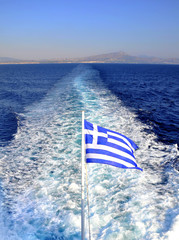 Greek flag at the back of a ferry