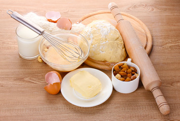 Ingredients for the dough wooden table