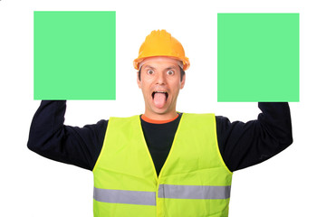 Portrait of a worker with two publicity boards