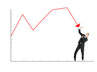 Scared businessman defend himself from falling graph