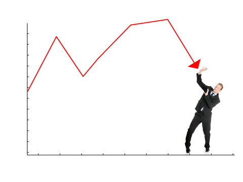 Scared businessman defend himself from falling graph