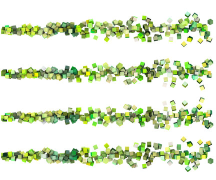 3d render strings of cubes in multiple shades of green
