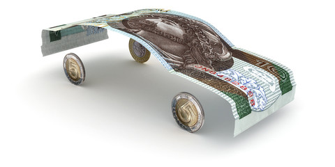 Car made of 10 zloty note and coins - obrazy, fototapety, plakaty