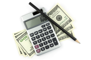 Money, pencil and calculator islated on white