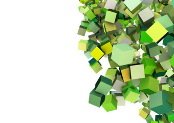 3d render floating cubes in multiple shades of green
