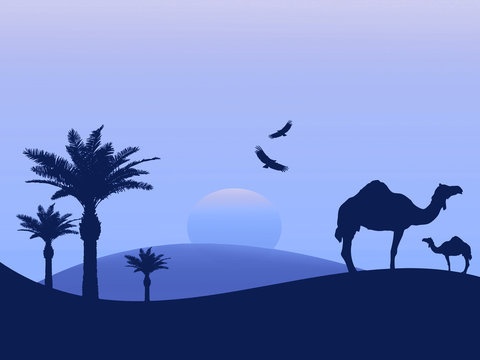 Background azul com camelos no deserto