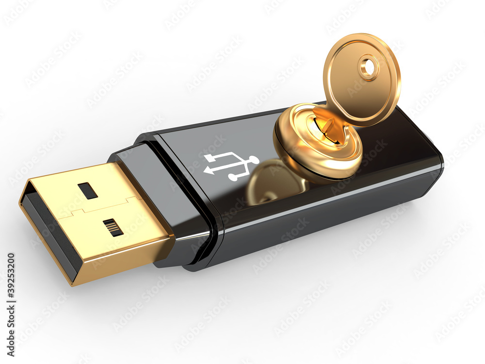 Poster data security. usb flash memory and key. 3d