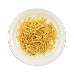 Shoestring potatoes on white plate