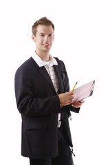 A businessman with a folder standing on white background