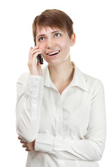 beautiful business woman talking cell-phone isolated