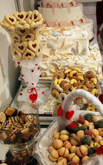 Colorful desserts and pastry served on a wedding party