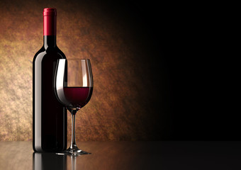 Bottiglia Vino Rosso con Bicchiere