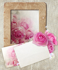 Grunge frame with roses and paper
