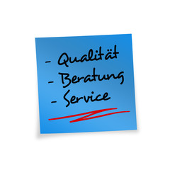 Notitzzettel blau Qualität Beratung Service