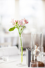 Lilly flower in a vase on a covered table