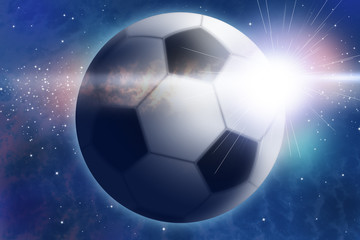 Fototapeta premium Abstract space landscape with football and sunrise
