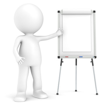 3D little human character with a blank Flip Chart, whiteboard.
