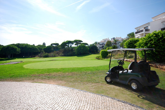 green golf course and cart in luxury resort