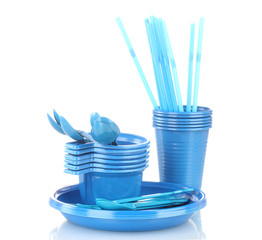 Bright blue plastic tableware isolated on white
