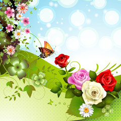 Background with roses and butterflies